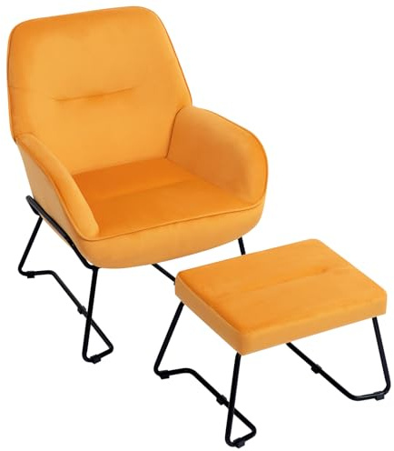 HollyHOME Sessel mit Hocker Ohrensessel mit Hocker Samt Sessel Wohnzimmer & Schlafzimmer Lesesessel Lounge Sessels, Gelb
