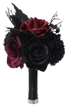 rockible Schwarzer Künstlicher Rosenstrauß, Schwarze Blätter Blumen Picks, Künstliche Totenkopf-Blumen, Gothic Blumenstrauß für Zuhause, Themenparty, Osterdekoration, Mittelpunkt, Halloween, Rot