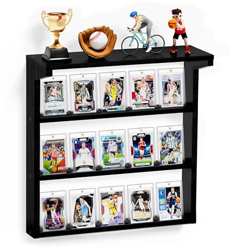 Emfogo Trading Card Display Stand for Wall, 3 Tier Wooden Graded Card Display Stand, Sports Card Display Case, Trading Card Stands for Display Collection, Black