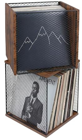Kryntex 2 Pack Vinyl Record Storage Cubes Stackable Wooden LP Album Holder Crates Fits 80–110 Records Each, Natural Wood Record Organiser Boxes for Home or Studio