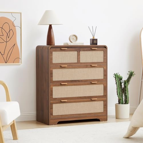 RUSTYER Mid Century Modern Dresser for Bedroom with 4 Drawers, 35 Tall Chest of Drawers with Natural Linen, Curved Wood Dresser Closet Clothes Storage Organizer for Living Room, Hallway((Walnut)
