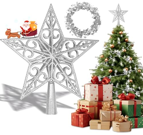Weihnachtsbaum Deko Set - Weihnachtsbaumspitze Stern Silber 20cm Mit 7,5m Girlande, Glitzer Weihnachtsbaum Spitze, Weihnachtsbaum Stern Spitze, Weihnachtsbaumspitzen Für weihnachtsbaumschmuck