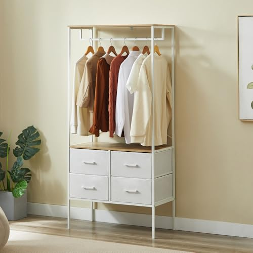CASABEL Penderie vêtements 80x40x167 cm avec 4 tiroirs de Rangement en Tissu Rigide, Porte Manteau, Dressing, Penderie, pour Chambre, Salon ou entrée, Structure en métal Blanc et Plateau en Bois