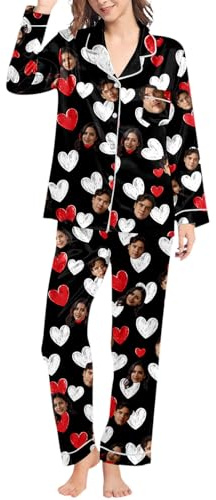 Generico Set Pigiama Personalizzato con Foto del Viso Due Pezzi Maniche Lunghe con Bottoni Loungewear Pigiama da Notte Morbido e Comodo Regalo di San Valentino