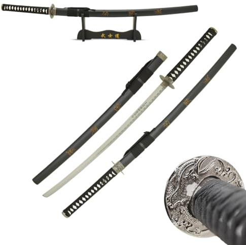 MASTER USA - Hand Carved Katana Sword with Samurai Bushido Code on Scabbard, 1045 Steel, 41.5 Inches Overall, Includes Display Stand (Sword of Loyalty)
