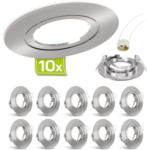 linovum Einbaurahmen 10x silber rund starr GU10 inkl. Fassung ohne Lampe | Zehn Deckenrahmen Alu gebürstet - für GU10 oder MR16, einfacher Leuchtmittelwechsel ohne Sprengring, inkl. Fassung