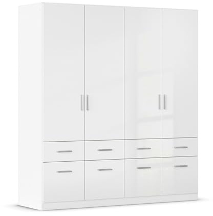 Kleiderschrank Schlafzimmerschrank Drehtürenschrank | 4-türig | Dekor | Weiß | Hochglanz | 181x197x54 cm