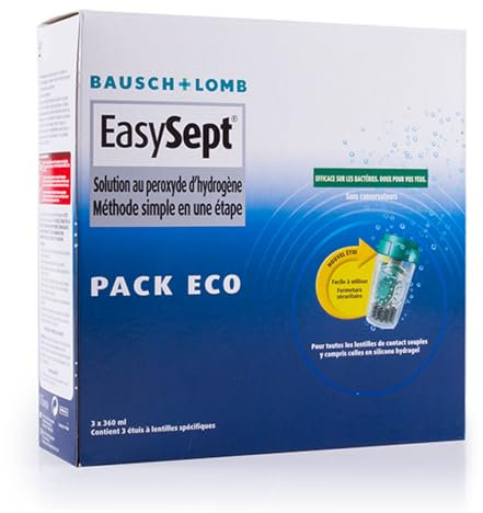EasySept Produit Lentilles de Contact Souple au Peroxyde d’Hydrogène, Système Tout En Un pour Désinfection, Produit Lentille et Étui avec Disque Catalyseur, Convient pour Yeux Sensibles, 3x 360ml