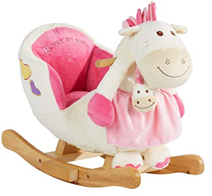 solini Schaukeltier Pony mit Soundfunktion - Spielzeug mit Soundeffekten auf Druck des Ohres, Kufen & Griffen aus Holz - rosa/weiß