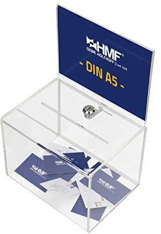 HMF 46913 Scatola per donazioni in acrilico con serratura | 21,5 x 16 x 16 cm | Inserimento fogli DIN A5 | Trasparente