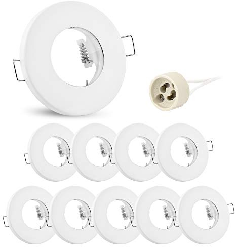 linovum Einbaurahmen 10er Set IP65 weiß rund GU10 flach | Zehn flache Deckenrahmen IP65 weiß matt - mit Echtglas für Bad, Dusche & außen, nur 28mm tief, inkl. Fassung (ohne Lampe)