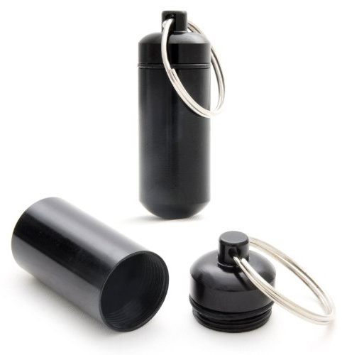 Ganzoo Pillendose Mini-Kapsel Schlüsselanhänger, 2 Stück Aufbewahrungskapsel für Kleinteile, Aluminium schwarz, wasserdicht dank Schraubverschluss mit Gummidichtung, 45mm hoch