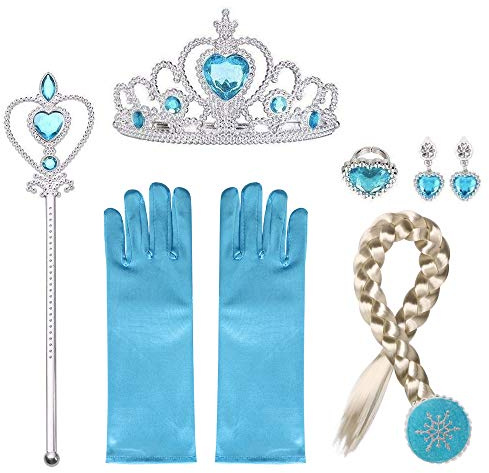 URAQT Elsa Prinzessin Schmuck Set - Krone, Kleid, Handschuhe, Tiara Braid, Zauberstab, Ohrringe, Ringe - Geeignet für Mädchen