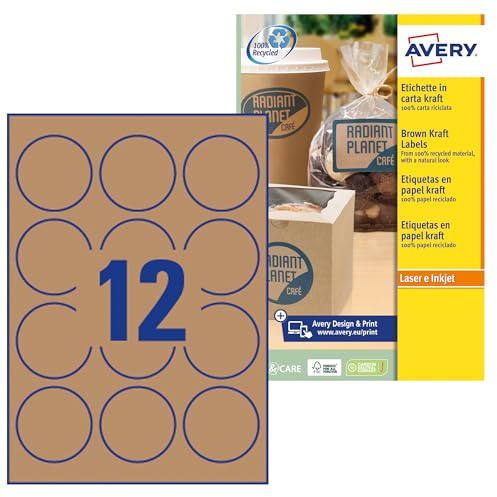 Avery L7106-20 Runde Etiketten Papier Durchmesser 60 mm 240 Stück naturbraun