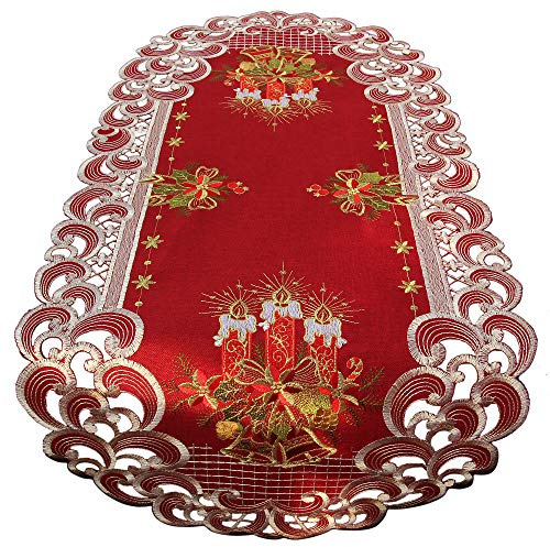 HanaQi Weihnachten Tischläufer Tischdecke Dunkelrot Leinenoptik Rot Kerzen Stickerei (ca. 40x90 cm Oval)