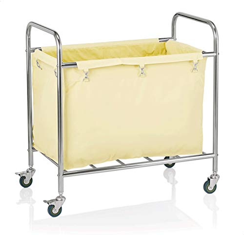 Faimex Wäschewagen Wäschesammler Wäsche Wagen Sortierer Wäschekorb auf Rollen Wäsche Korb mit Wäschesack Rollwagen aus Edelstahl für Schmutzwäsche Sortierer stabil viereckig Trolley hell XXL