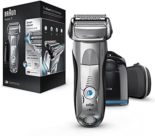 Braun Series 7 Electric Shaver for Men with Precision Trimmer, Clean & Charge Station & Travel Case, Cordless Foil Razor, Wet & Dry, 100% Waterproof, UK 2 Pin Plug, 7898cc, Silver Razor