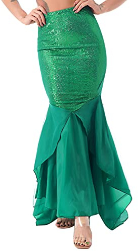 TiaoBug Damen Meerjungfrau Rock Pailletten Röcke Bodenlang Maxirock Kostüm Meerjungfrauenschwanz zum Karneval Fasching Motto Party Outfits