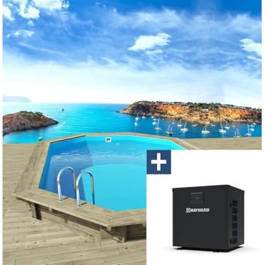 Piscina de Madera Miami - 4,86 x 3,36 x 1,20 m + minibomba de Calor de 3,5kW - Metal - Gris