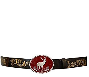 Edelnice Trachtenmode Cintura per costume tradizionale bavarese in robusta pelle bovina con eleganti decorazioni e fibbia con cervo, misura 85-135 cm, Nero , 85 Cm