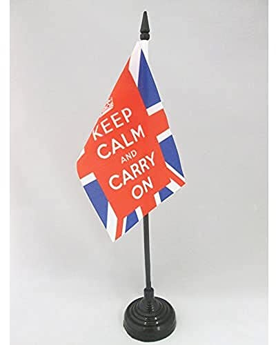 AZ FLAG - Keep Calm and Carry On UK Table Flag 4'' x 6'' - Union Jack Office Mini Banner 100% Polyester 15 x 10 cm - Mini Desk Flag with 10'' Pole and Black Plastic Base