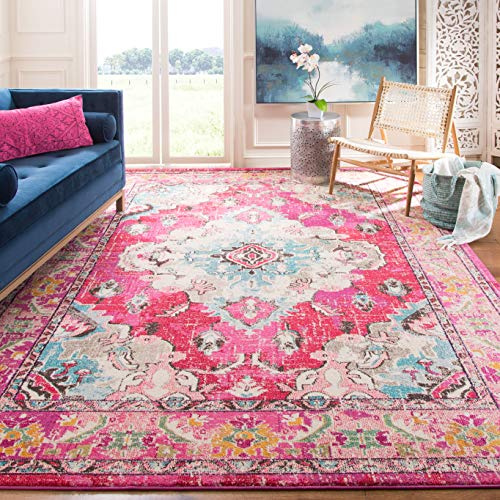 SAFAVIEH Boho Teppich für Wohnzimmer, Esszimmer, Schlafzimmer - Monaco Collection, Kurzer Flor, Pink und Multi, 200 x 200 cm | 1 cm Flor, Teppich für den Innenbereich, langlebig, kinder- und haustierfreundlich, Polypropylen-Fasern, pflegeleicht