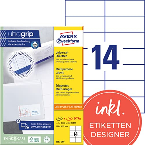AVERY Zweckform 3653-200 Adressaufkleber (2.800 plus 280 Klebeetiketten extra, 105x42,3mm auf A4, bedruckbare Absenderetiketten, selbstklebende Adressetiketten mit ultragrip) 220 Blatt, weiß