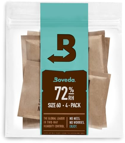 Boveda 72% Zweiwege-Feuchtigkeitskontrollpacks für Holz-Luftbefeuchterboxen, Größe 60, 4er-Packung, Feuchtigkeitsabsorber, Luftbefeuchter, Hydratationspakete in wiederverschließbarem Beutel