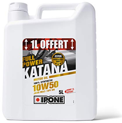 IPONE - Aceite Motor Moto 4 Tiempos 10W50 Full Power Katana - Lubricante 100% Sintético con Ésteres - Alto Rendimiento - Cambio de Velocidad Más Fluido - Bidón 4 Litros + 1 Litro Ofrecido