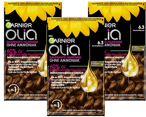 Garnier Olia Dauerhafte Haarfarbe ohne Ammoniak, Mit pflegenden und natürlichen Ölen, Vollständige Grauhaarabdeckung, Permanente Coloration, Nr. 6.3 Karamellbraun, 3 x 1 Stück