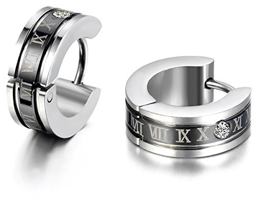 JewelryWe Schmuck Herren Ohrringe, Edelstahl, Römischen Ziffern Creolen Ohrstecker, Blau Schwarz Gold Silber