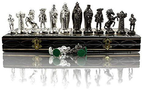 Medieval Luxury – Silver Edition Schachspiel 40 cm/16 Metallic-Schachfiguren aus Metall & großes dekoratives Holzschachbrett!!!