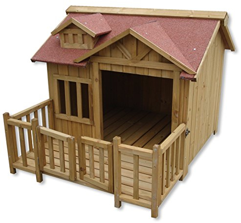 Wiltec Luxus XL Hundehütte 93,5 x 77,5 x 70 cm, braun, Hundehaus aus Holz mit Veranda, Hundehöhle Outdoor für Balkon Garten Terrasse