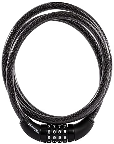 Master Lock Black Set Your Own Combination Bike Lock, Metal Cable Lock has a Weather Resistant Vinyl Coating for Outdoor Durability, 5 Feet Long, 8370D