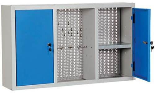 Werkzeugschrank aus Blech, 2 Türen, Farbe: Blau Boden aus Lochplatte, um Werkzeug und Arbeitsgeräte aufhängen zu können