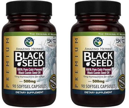 Amazing Herbs Premium Black Seed Oil Capsules - Gluten Free, Non GMO, Cold Pressed Nigella Sativa Aids in Digestive Health, Immune Support- 90 Count, (Pack of 2)