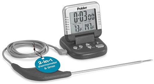 Polder Classic Digital Thermometer and Timer, Meat Thermometer for Cooking, Stainless Steel Probe, 24-Hour Countdown Timer with 40 Long, High-Heat Silicone Cord