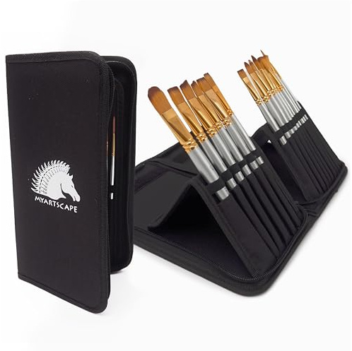 MyArtscape 15 Taklon Paint Brushes with Travel Holder - Short Handle | 15 Taklon paint brushes for acrylic watercolour oil gouache and face painting with travel holder and short handles