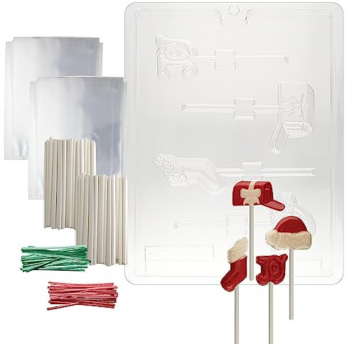 Cybrtrayd 45stK50C-C027 Moule à chocolat de Noël avec kit de sucettes, 50 bâtons de sucettes, 50 sachets en cellophane, 25 rouges et 25 liens verts