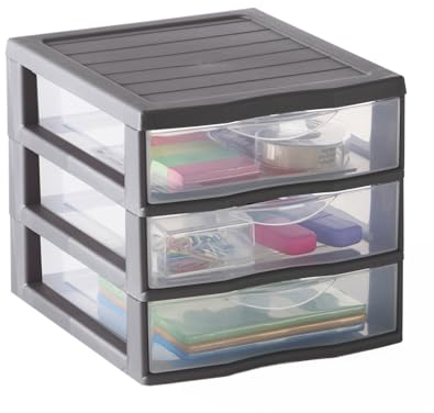 SUNDIS Orgamix, petite tour de rangement en plastique gris, 3 tiroirs transparents format A6, hauteur 17 cm, superposable, idéale rangement cosmétiques, bijoux, accessoires, fournitures