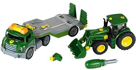 Theo Klein 3908 Transporter mit John Deere Traktor I Schraubset inkl. Schraubendreher I Maße: 36 cm x 10,50 cm x 17 cm I Spielzeug für Kinder ab 3 Jahren