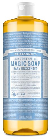 Dr. Bronner's Pure-Castile Magic Soap Liquid (Baby Unscented, 32 Ounce) – Made with Regenerative Organic Certified Oils – For Sensitive Skin, Babies, Face, Hair, Laundry, Dishes, Hand Soap & Body Wash