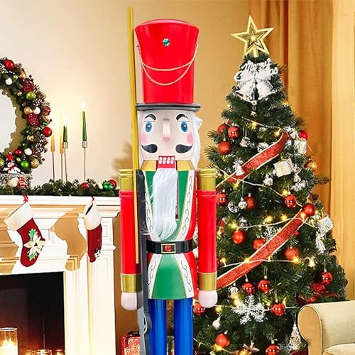 CDL 150cm 60 5Feet Tall Life-Size Large/Giant Red Xmas Wooden Nutcracker Soldier Ornament On Stand Carry Ceremonial Gun For Indoor Outdoor Xmas/Event/Ceremonies/Commercial Decorations K44