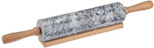 Küchenprofi Teigrolle aus Marmor mit Holzablage in der Farbe Grau-Braun, Maße: 5,9cm x 5,9cm x 47,3cm, 10 0248 10 47