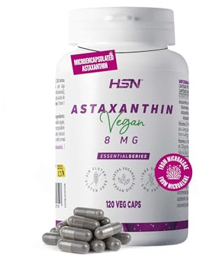 HSN Astaxantina Natural 8mg Haematococcus Pluvialis | 120 Cápsulas Veganas | Microencapsulada Estabilidad Máxima | Vitamina A y E - Cuidado Vista Piel Antiox | Carotenoide Vegetal Sin Gluten