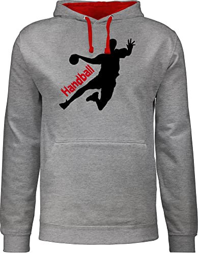Pullover Herren Frauen Hoodie Kontrast zweifarbig - Handball EM 2026 Trikot Ersatz - Handballer mit Schriftzug - XL - Grau meliert/Rot - hanball hoodies halbball pulli handball. pullis handball,