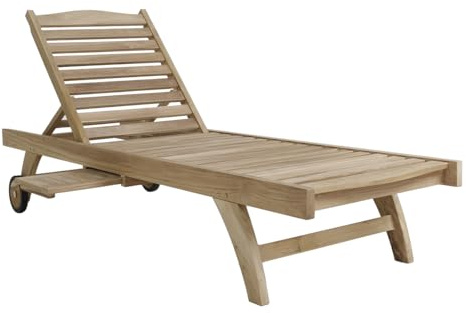 CHARLES BENTLEY Teak Sun Lounger, Outdoor Wooden Reclining Lounger with Wheels & Pull-Out Drinks Table, Adjustable Recline Positions, Classic Slatted Design, Perfect for Garden (202x65cm)