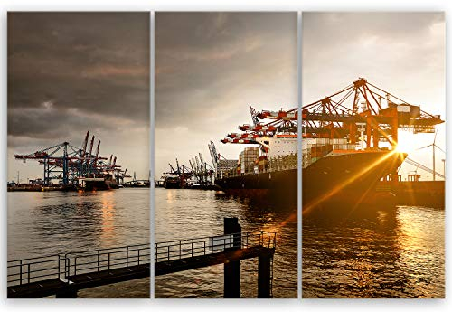 ge Bildet Bild auf Leinwand | Hamburger Hafen in 120x80 cm mehrteilig als Wandbild XXL | Wand-deko Dekoration Wohnung modern Bilder | 1247