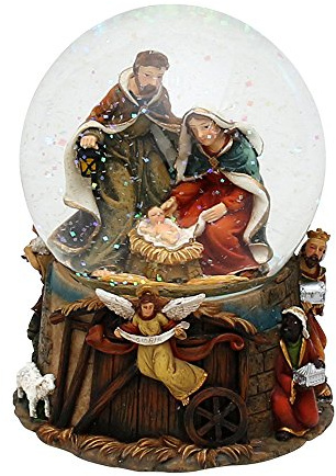 Dekohelden24 501071 Boule à neige Sainte Famille avec son : nuit silencieuse Dimensions (h x l x p) : env. 14,5 x 11 cm/Ø 10 cm