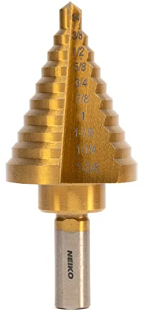 NEIKO 10194A Titanium Step Drill Bit, High-Speed Alloy-Steel Bit, Hole Expander for Wood and Metal, 10 Step Sizes from 1/4 Inch to 1 3/8 Inches